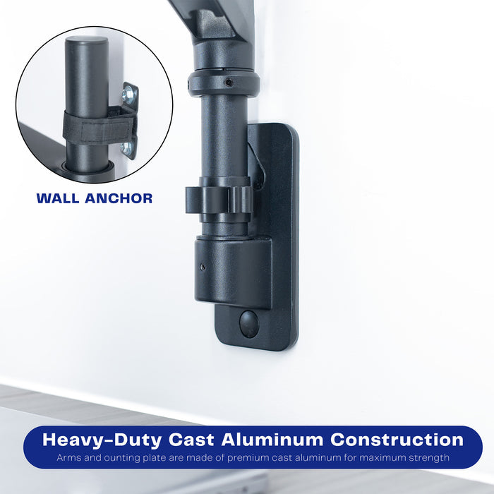 A black pneumatic arm dual ultrawide monitor wall mount displaying wall anchor.