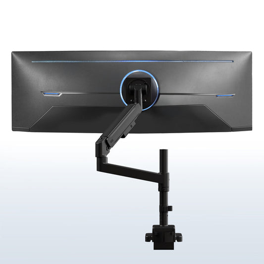 Single ultrawide monitor mounted on a pneumatic arm desk mount, with a black screen and blue accents. The mount includes a clamp base for attachment to a desk.