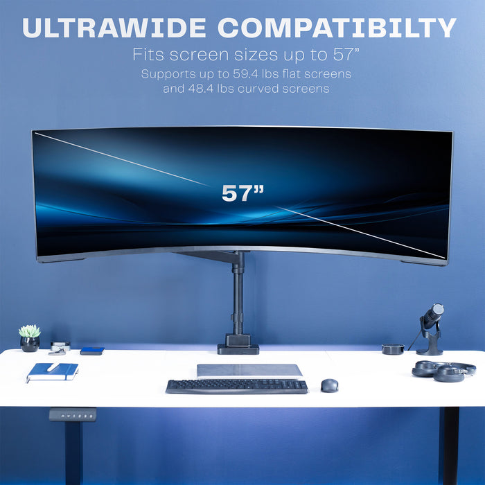 Single ultrawide monitor mounted on a pneumatic arm desk mount