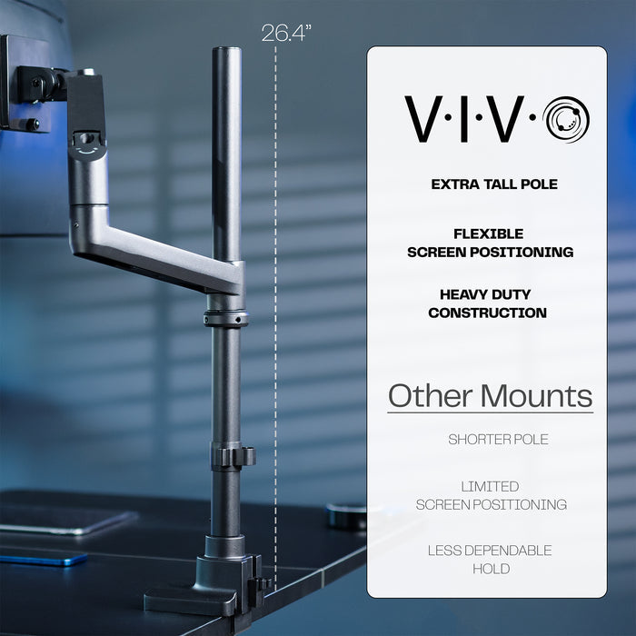 VIVO monitor stand with specifications on a blurred office background