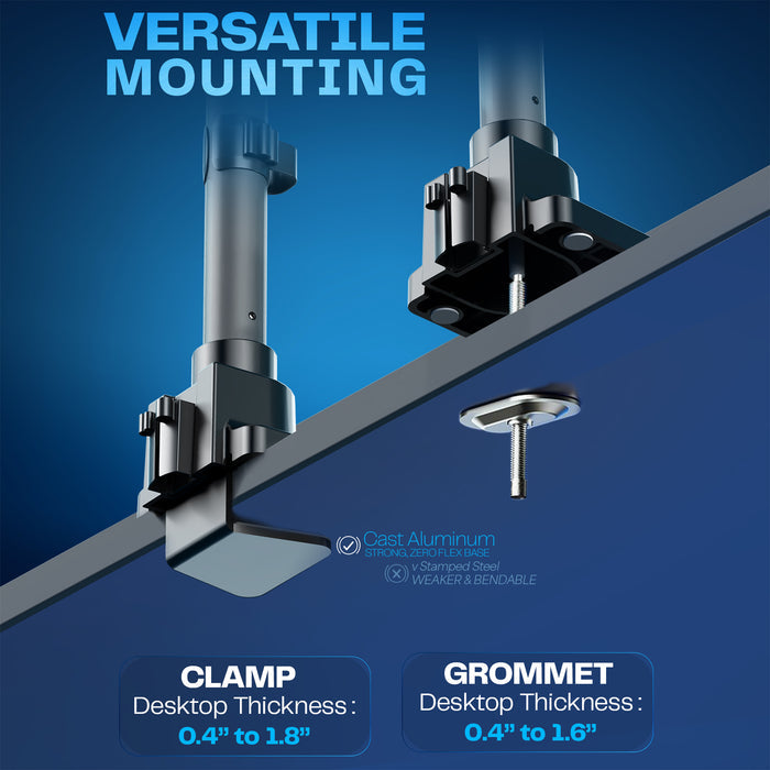 Clamp and grommet for versatile mounting on a blue background