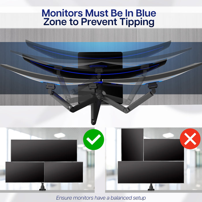 Monitor stand with blue zone indicator to prevent tipping, showing correct and incorrect setups.