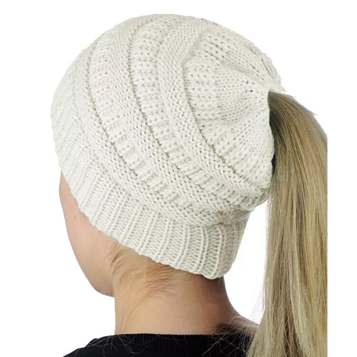 🍂 Ponytail / Messy Bun Knit Winter Beanie ~ Cream 🌟