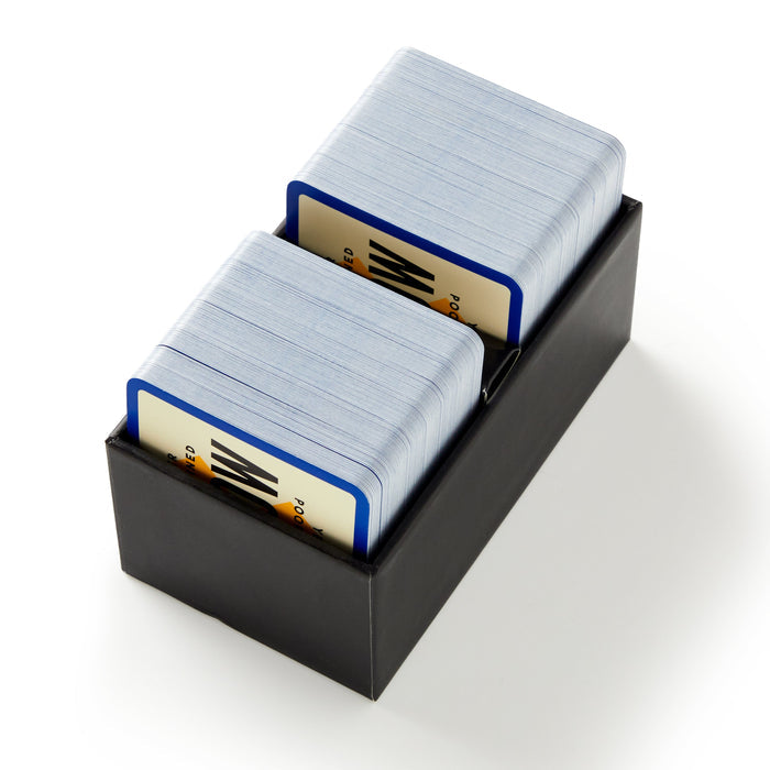 A black box from Brass Monkey containing two stacks of blue-edged cards with zigzag designs and "PO" text—an ideal party game for pop culture fans: the Poorly Explained TV Shows Game.