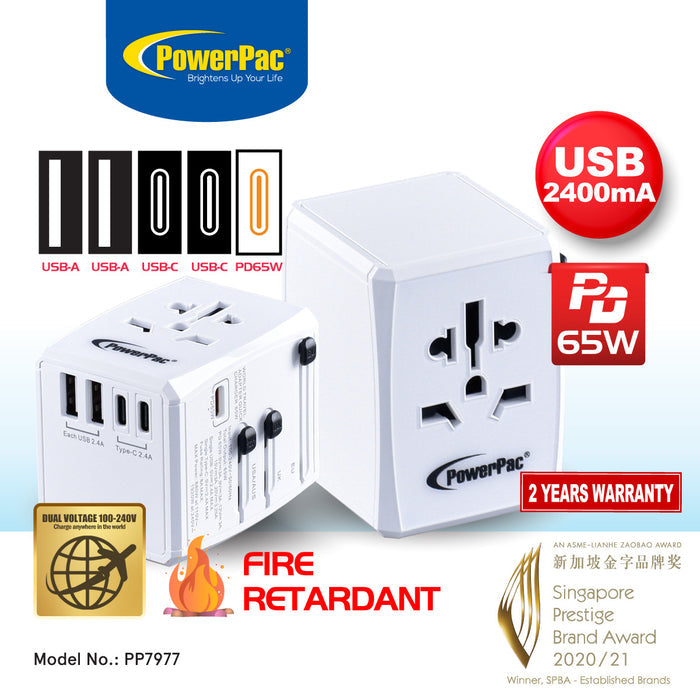 PowerPac 65W Universal Travel Adapter + USB Smart & Fast Charger – Multi Sockets & Plugs, Neon LED, PP7977