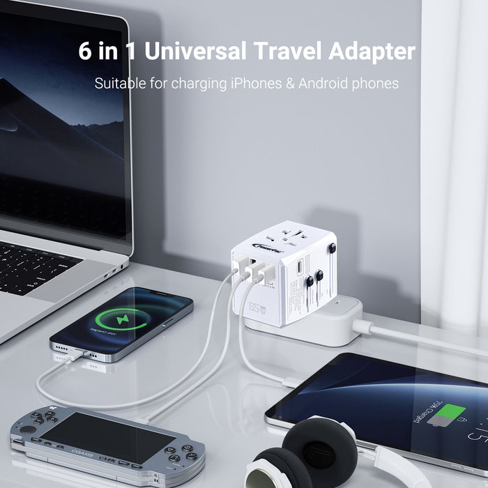 PowerPac 65W Universal Travel Adapter + USB Smart & Fast Charger – Multi Sockets & Plugs, Neon LED, PP7977