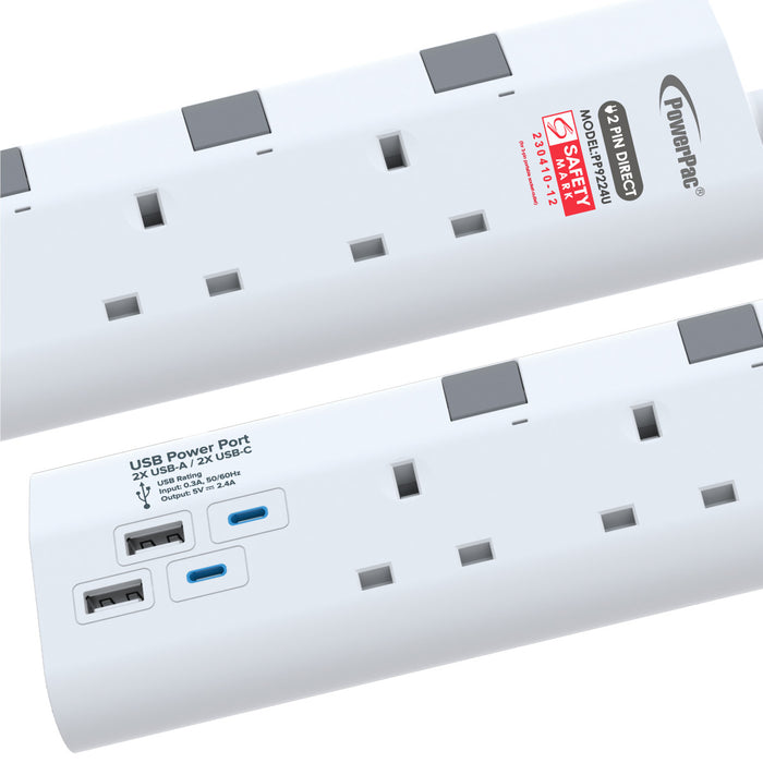 PowerPac Extension Cord, Extension Socket 3 Metre 4 way with 2xUSB-A & 2xUSB-C Charger (PP9224U)