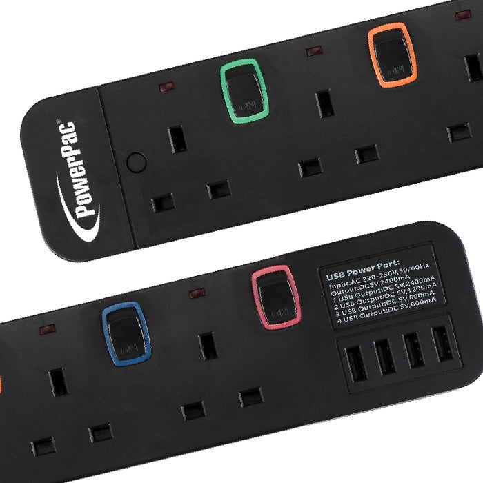 PowerPac Extension Cord, Extension Socket, Power Cord 3 Metre 5 way with 4x USB Charger (PP9115UBK)