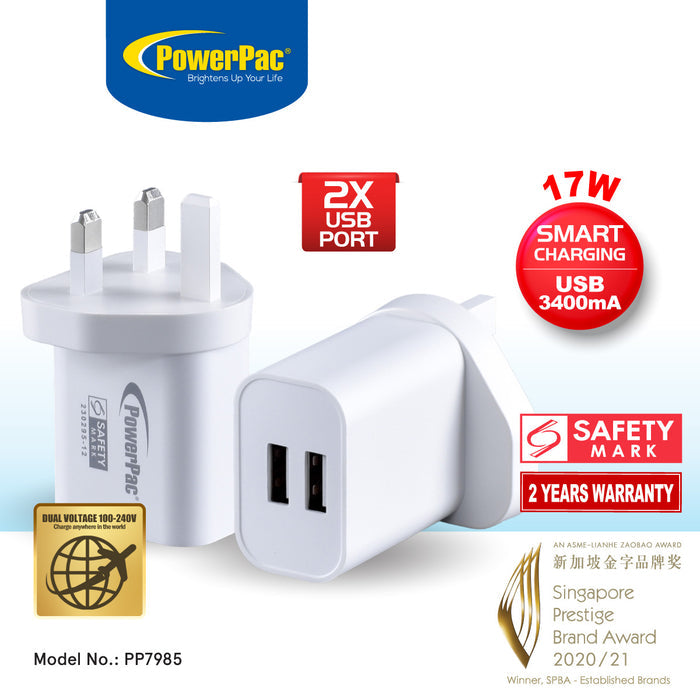 PowerPac USB Smart Charger - 2 USB-A, Dual Voltage 100-240 AC, 17W, PP7985WH