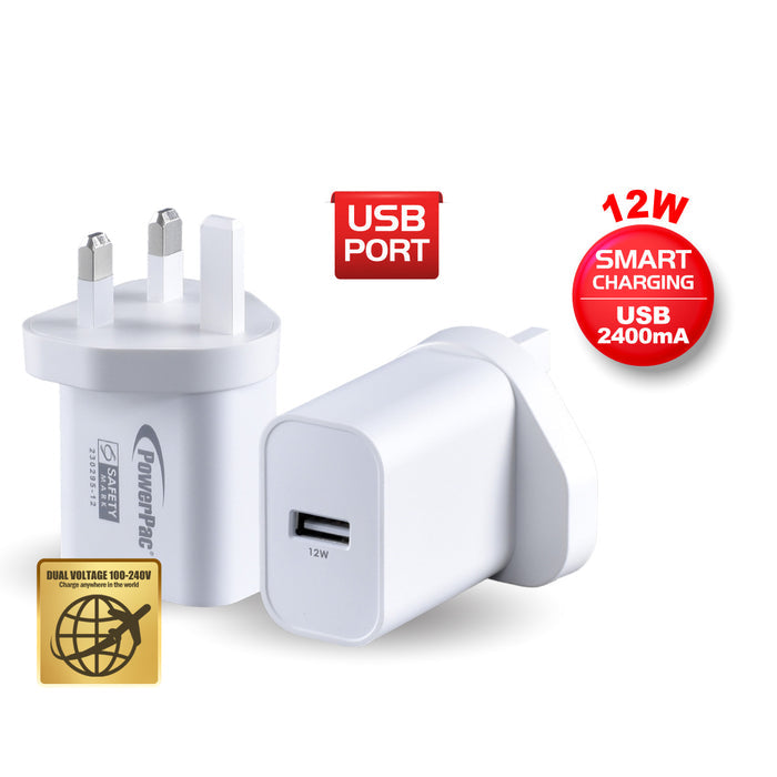 PowerPac USB Smart Charger - USB-A, Dual Voltage 100-240 AC, 12W, PP7986AWH
