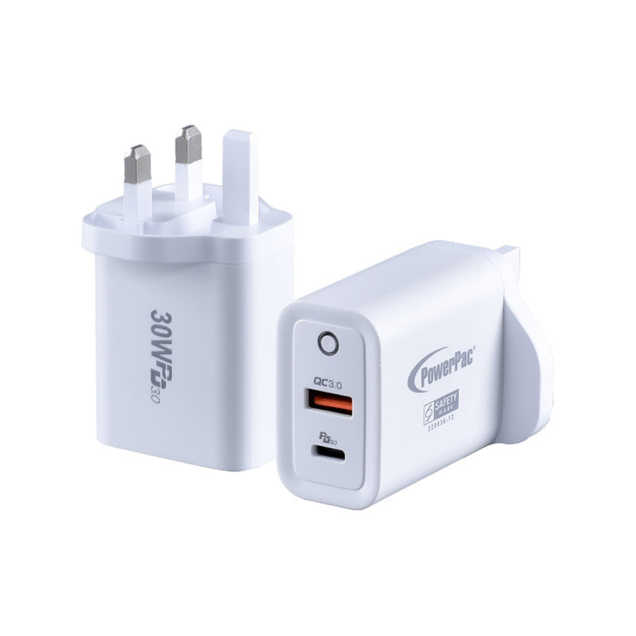 PowerPac USB Smart & Fast Charger - 1 QC3.0 USB-A, 1 PD3.0 USB-C, Dual Voltage 100-240 AC, 30W, PP7983WH