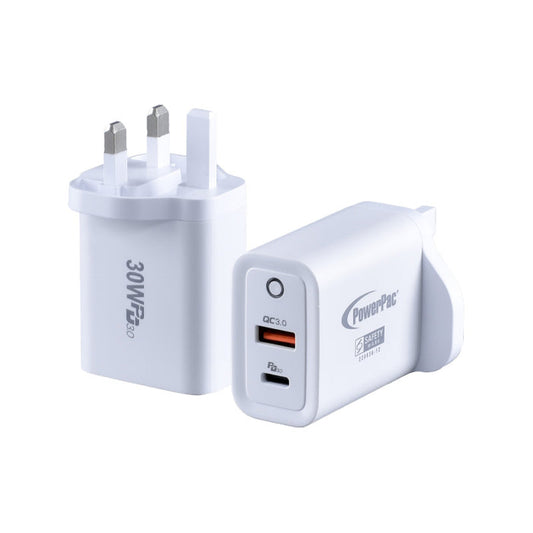 PowerPac USB Smart & Fast Charger - 1 QC3.0 USB-A, 1 PD3.0 USB-C, Dual Voltage 100-240 AC, 30W, PP7983WH