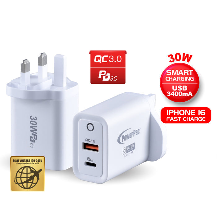 PowerPac USB Smart & Fast Charger - 1 QC3.0 USB-A, 1 PD3.0 USB-C, Dual Voltage 100-240 AC, 30W, PP7983WH