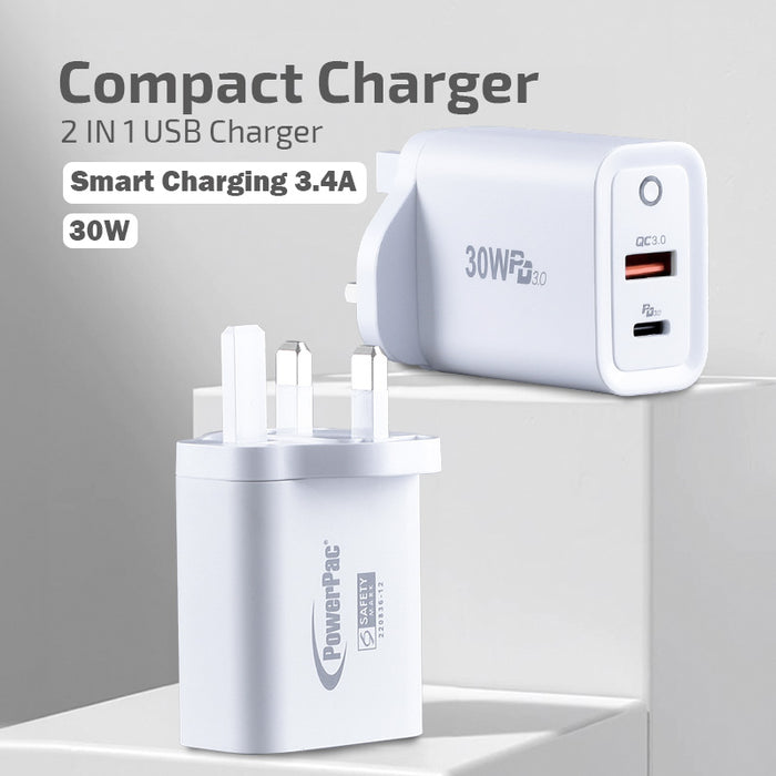 PowerPac USB Smart & Fast Charger - 1 QC3.0 USB-A, 1 PD3.0 USB-C, Dual Voltage 100-240 AC, 30W, PP7983WH
