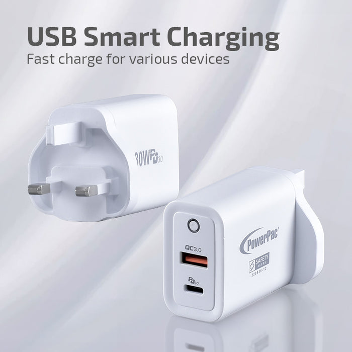PowerPac USB Smart & Fast Charger - 1 QC3.0 USB-A, 1 PD3.0 USB-C, Dual Voltage 100-240 AC, 30W, PP7983WH