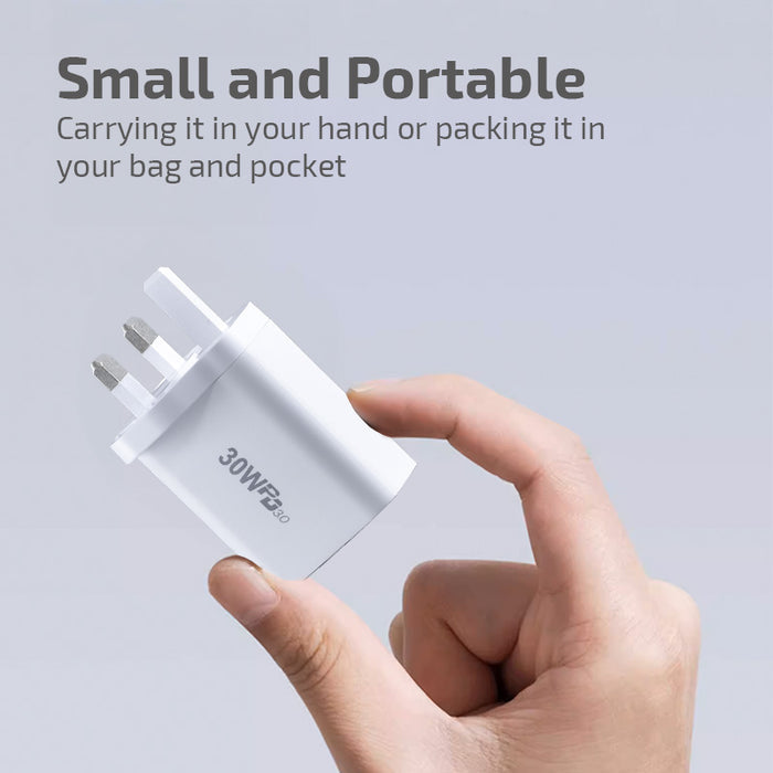PowerPac USB Smart & Fast Charger - 1 QC3.0 USB-A, 1 PD3.0 USB-C, Dual Voltage 100-240 AC, 30W, PP7983WH