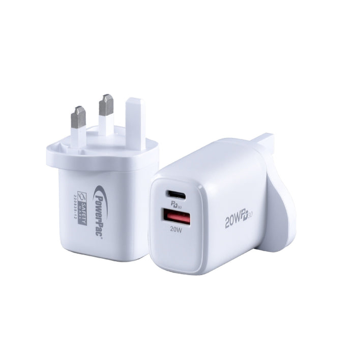 PowerPac USB Smart & Fast Charger - 1 USB-A, 1 PD3.0 USB-C, Dual Voltage 100-240 AC, 20W, PP7982WH