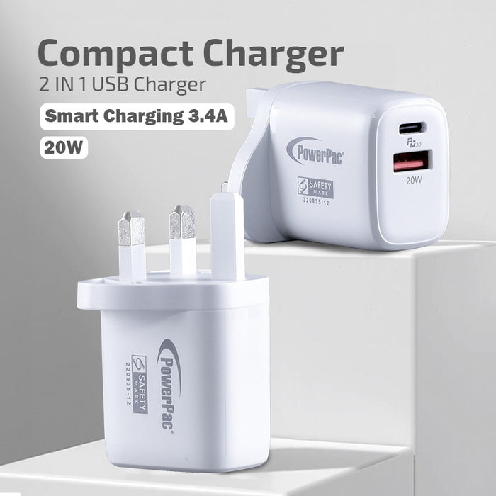 PowerPac USB Smart & Fast Charger - 1 USB-A, 1 PD3.0 USB-C, Dual Voltage 100-240 AC, 20W, PP7982WH