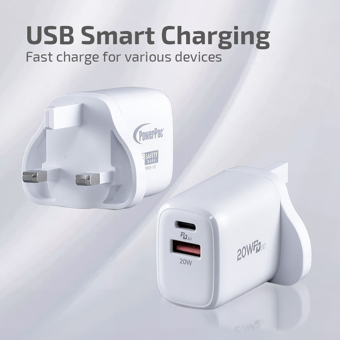 PowerPac USB Smart & Fast Charger - 1 USB-A, 1 PD3.0 USB-C, Dual Voltage 100-240 AC, 20W, PP7982WH