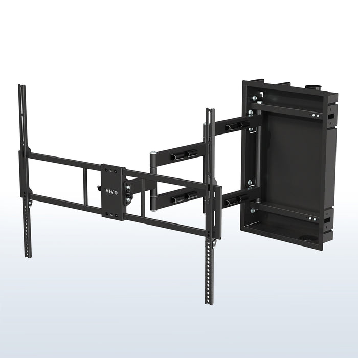 A black large TV wall mount with an adjustable arm and mounting hardware.