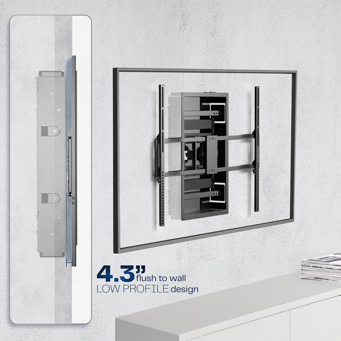 A black large TV wall mount with a low profile design.