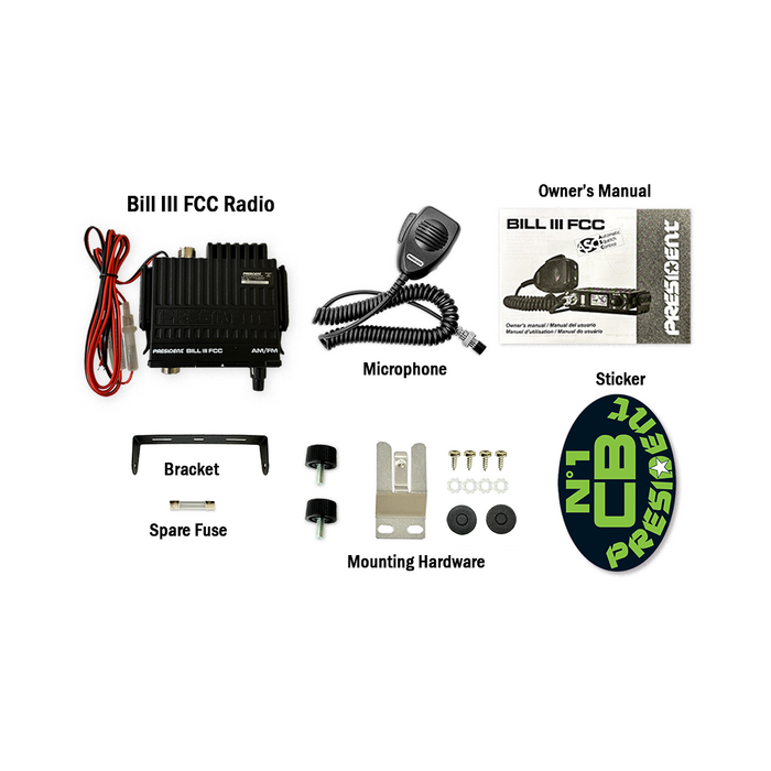 An image showing all the included parts with the President Bill III CB radio