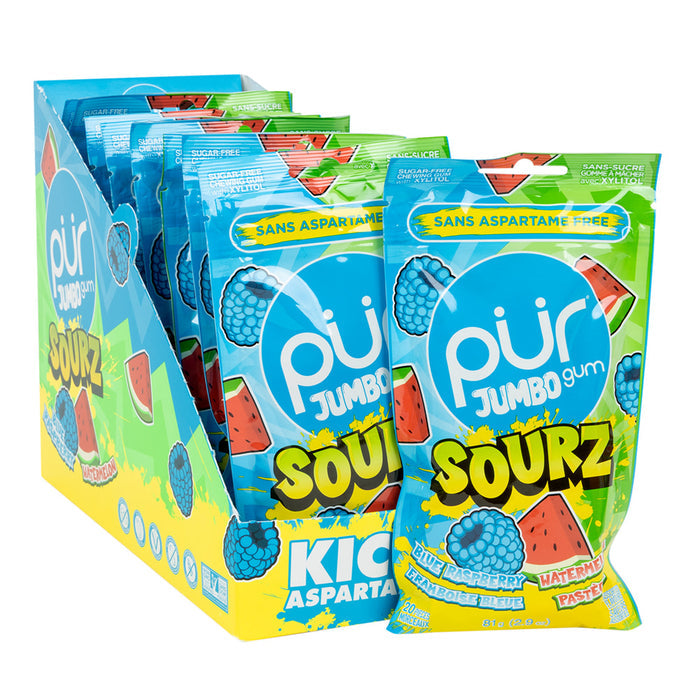 PUR GUM Sourz Blue Raspberry Watermelon Jumbo Gum - 12 Count