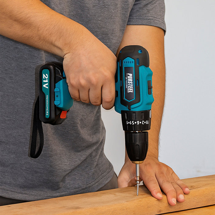 Person using a blue and black cordless drill on a wooden surface