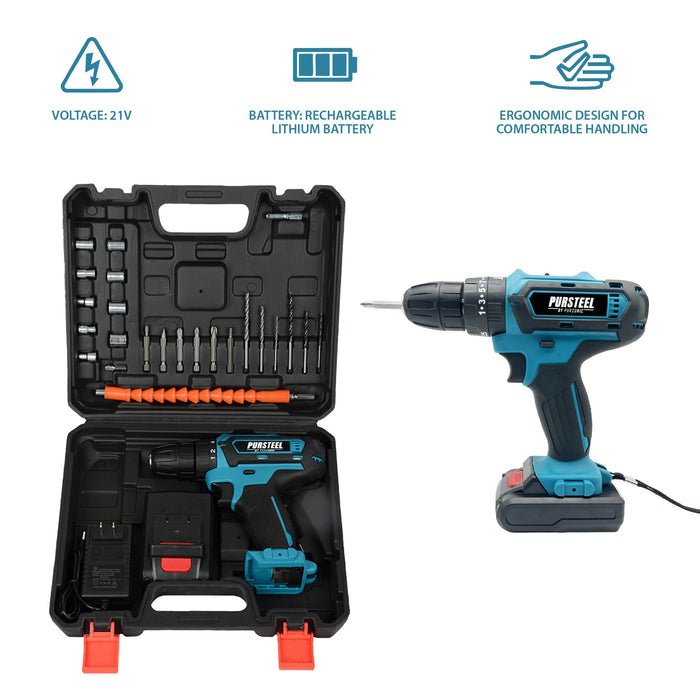 Blue cordless drill with accessories in a black case on a white background
