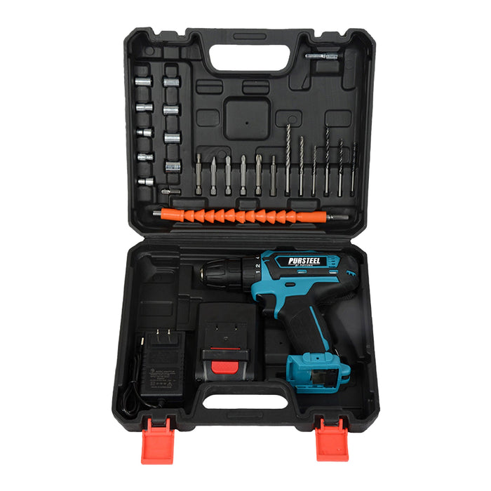 Drill set with tools in a black case on a white background