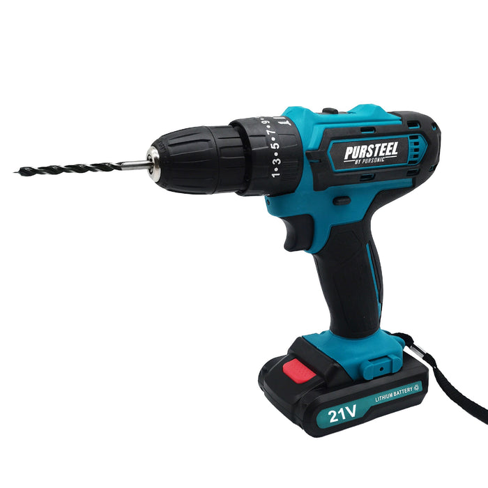 Blue and black cordless drill with battery pack on a white background