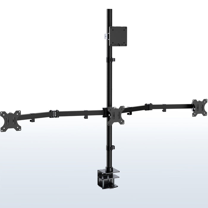 Quad monitor stand with four screens on a white background
