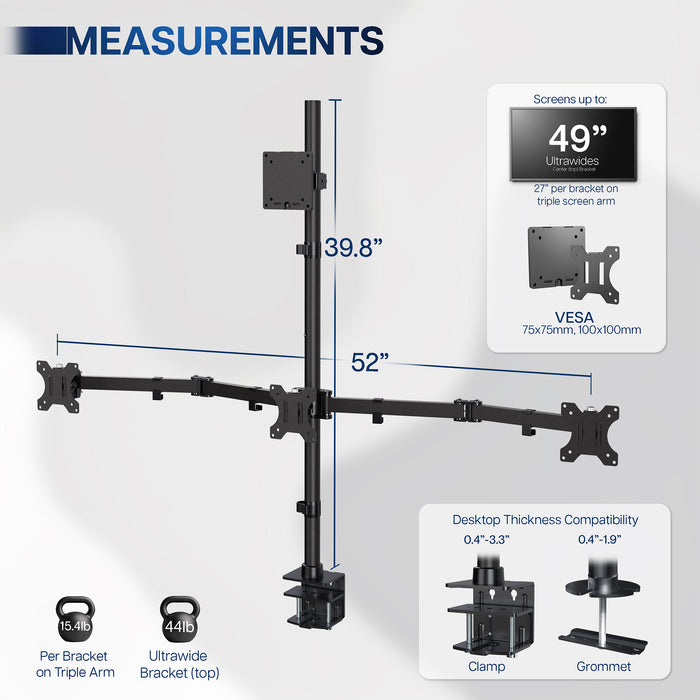 Monitor arm with measurements and compatibility details on a white background