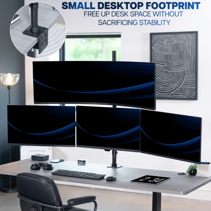 Four monitors on a desk with a small footprint monitor stand, free up desk space without sacrificing stability.