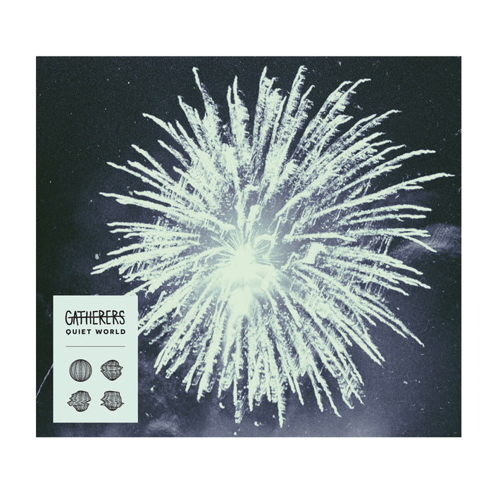 A large, white firework explodes against a dark sky. In the bottom left corner, a white box shows the Gatherers brand name, four small circular illustrations, and previews the albums track list.