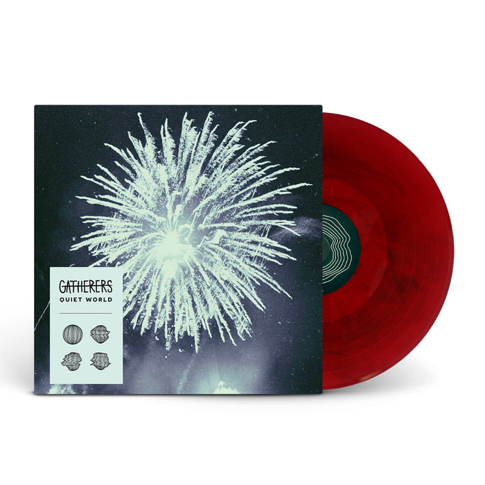 A red & black marble limited edition vinyl is partially inserted into its sleeve, featuring an abstract white firework burst on a dark sky and a label with the brand name Gatherers and four shell illustrations.