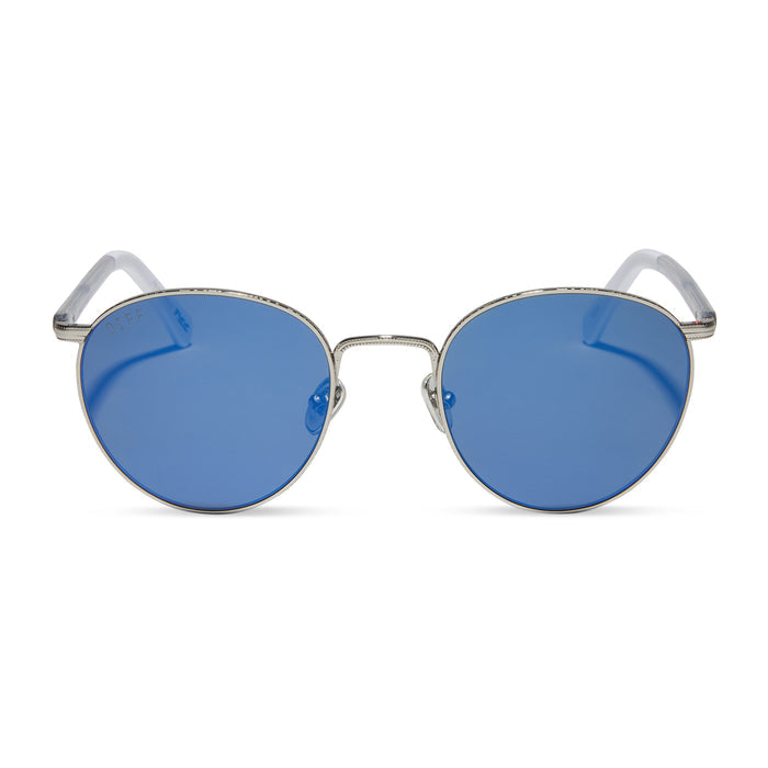 star wars x diff eyewear r2-d2 round sunglasses with a silver frame and blue mirror lenses front view