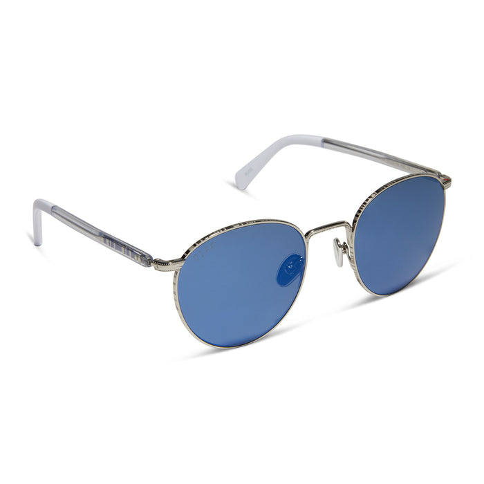 star wars x diff eyewear r2-d2 round sunglasses with a silver frame and blue mirror lenses angled view