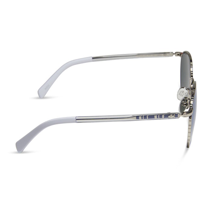 star wars x diff eyewear r2-d2 round sunglasses with a silver frame and blue mirror lenses side view