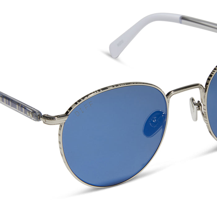 star wars x diff eyewear r2-d2 round sunglasses with a silver frame and blue mirror lenses detailed view
