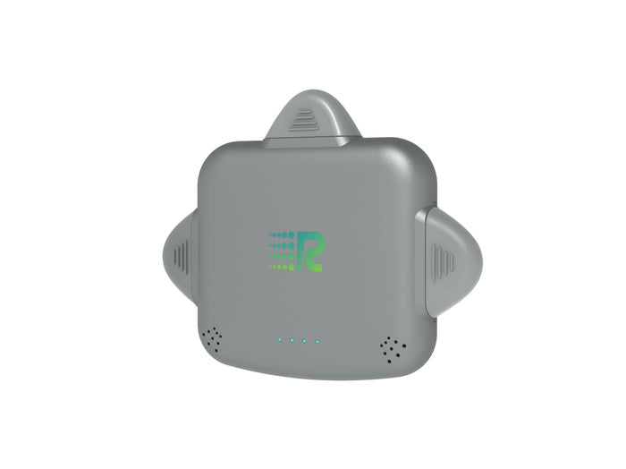 Gray electronic device with a logo on a white background