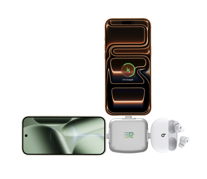 A wireless charging setup on a white background, featuring a smartphone with a glowing copper-toned magnetic charging pad above it, a second smartphone below it, a white charging case with a green logo, and white earbuds.