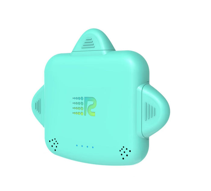 A mint green electronic device with a rounded, futuristic design, featuring a stylized green and yellow logo on the front, set against a plain white background.
