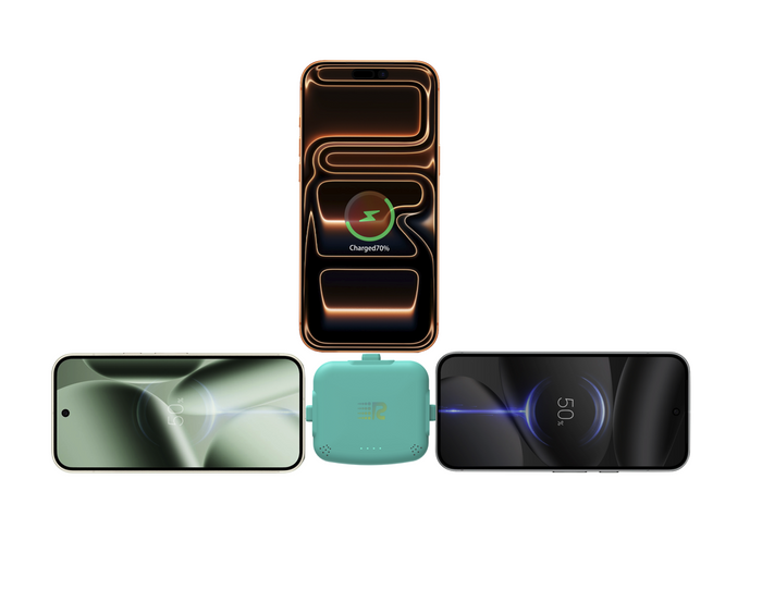 A portable rectangular power bank in mint green is shown with two smartphones demonstrating wireless charging. The power bank is centered between the phones on a plain white background, with a charging interface displayed on the top phone and a 50% charge indicator on the bottom right phone.