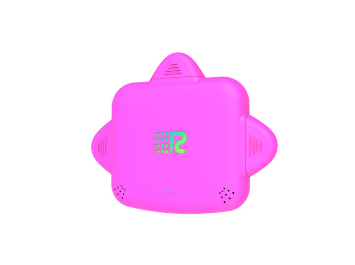 Pink cloud-shaped device with a logo on a white background