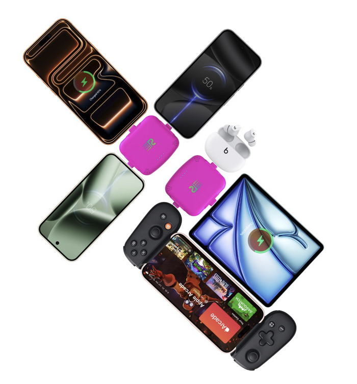 A collage of various smartphones, a foldable tablet, a gaming controller, and two small wireless earbuds with their charging cases, arranged on a plain white background.