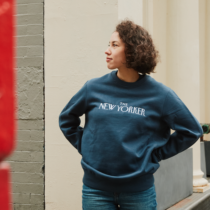 Rea Irvin’s Embroidered Crewneck Sweatshirt in Navy