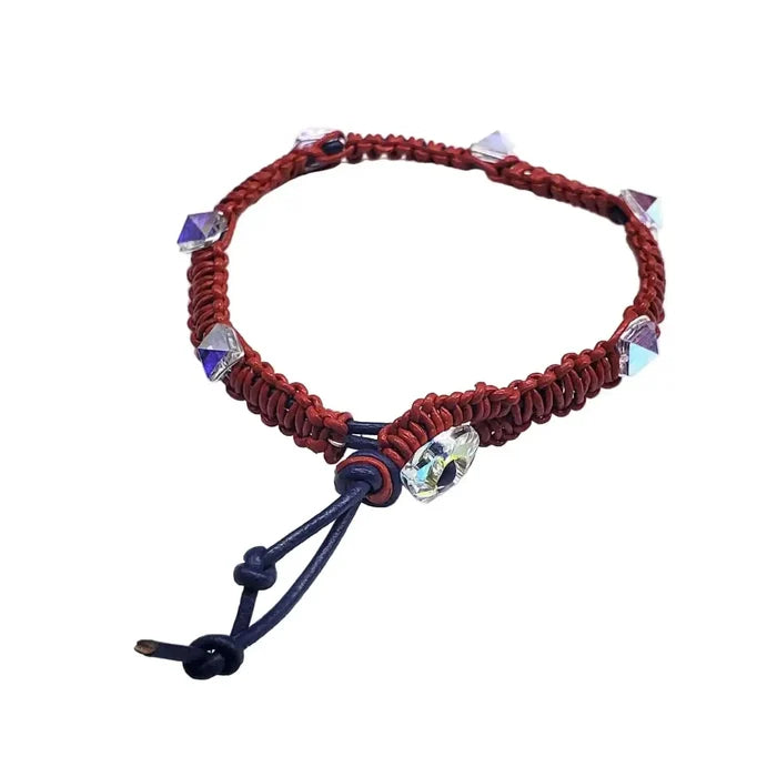 Red White and Blue Macrame Wire Wrap Crystal Spike Bracelet featuring intricate knotwork and Swarovski crystals.