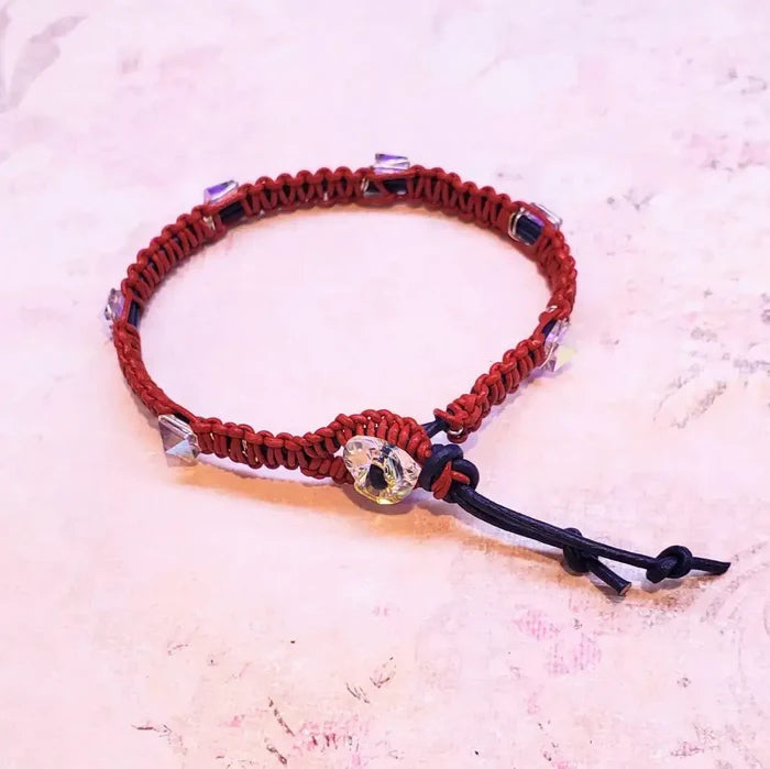 Red White and Blue Macrame Wire Wrap Crystal Spike Bracelet showcasing intricate macrame and sparkling crystal beads.
