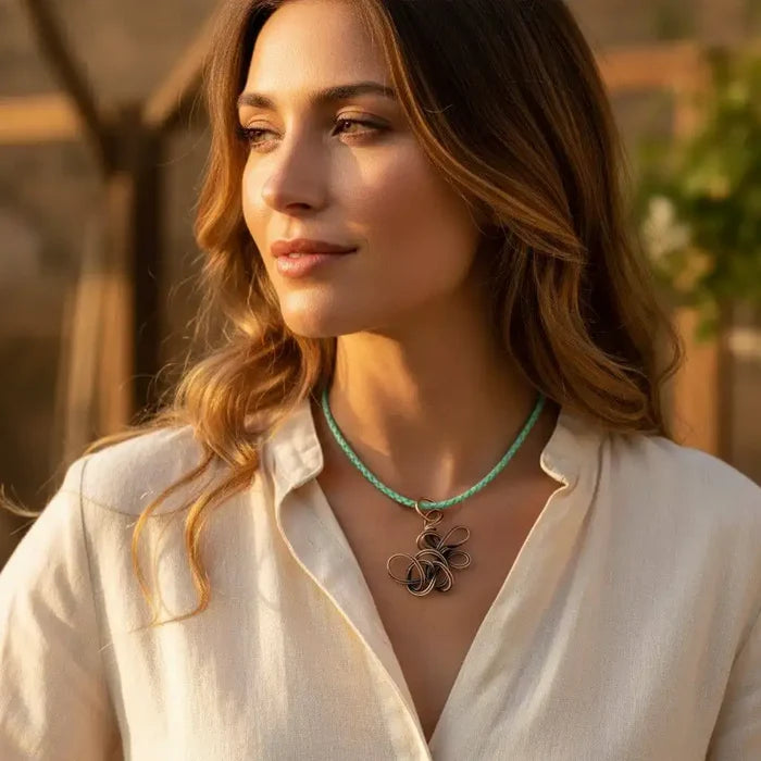 Model wearing Reversible Interchangeable Copper Wire Sculpted Necklaces with a turquoise cord outdoors.